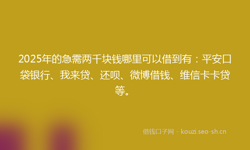 2025年的急需两千块钱哪里可以借到有：平安口袋银行、我来贷、还呗、微博借钱、维信卡卡贷等。