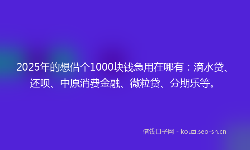 2025年的想借个1000块钱急用在哪有：滴水贷、还呗、中原消费金融、微粒贷、分期乐等。