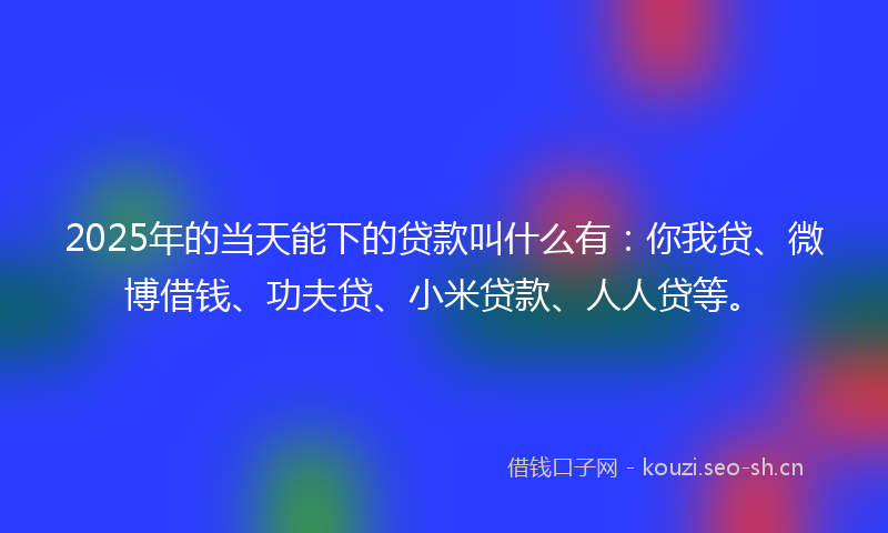 2025年的当天能下的贷款叫什么有：你我贷、微博借钱、功夫贷、小米贷款、人人贷等。