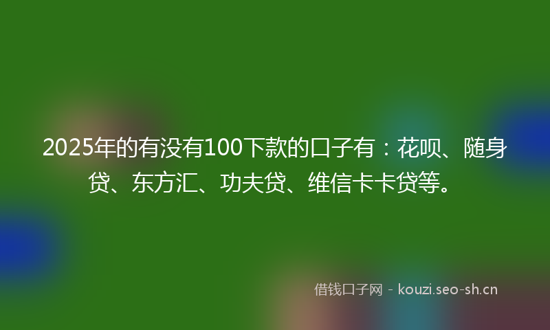 2025年的有没有100下款的口子有：花呗、随身贷、东方汇、功夫贷、维信卡卡贷等。