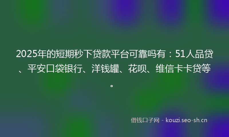 2025年的短期秒下贷款平台可靠吗有：51人品贷、平安口袋银行、洋钱罐、花呗、维信卡卡贷等。