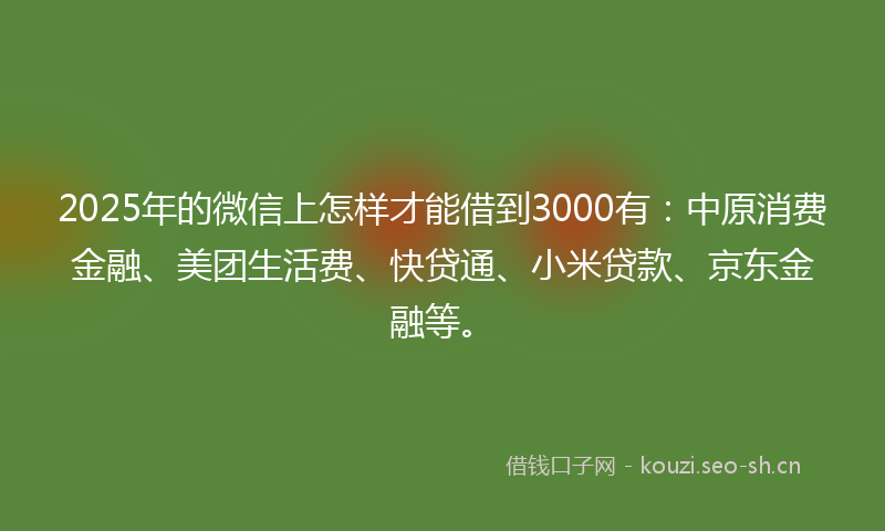 2025年的微信上怎样才能借到3000有：中原消费金融、美团生活费、快贷通、小米贷款、京东金融等。