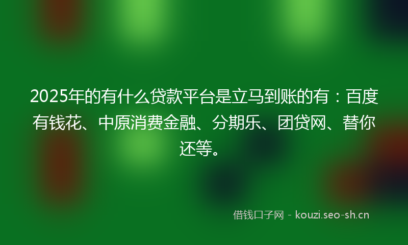 2025年的有什么贷款平台是立马到账的有：百度有钱花、中原消费金融、分期乐、团贷网、替你还等。