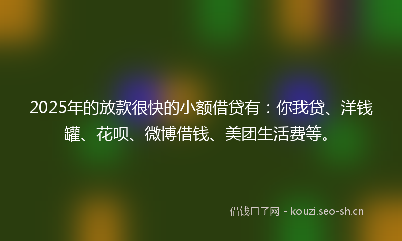 2025年的放款很快的小额借贷有:你我贷、洋钱罐、花呗、微博借钱、美团生活费等。