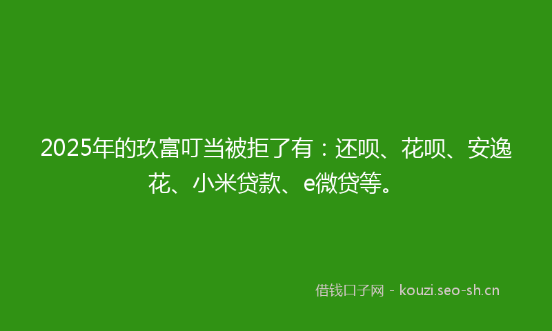 2025年的玖富叮当被拒了有：还呗、花呗、安逸花、小米贷款、e微贷等。