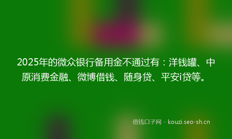 2025年的微众银行备用金不通过有：洋钱罐、中原消费金融、微博借钱、随身贷、平安i贷等。