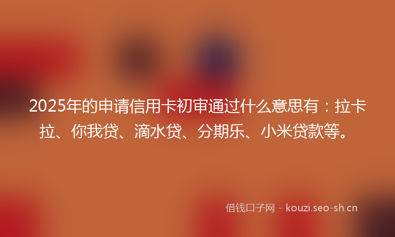 2025年的申请信用卡初审通过什么意思有：拉卡拉、你我贷、滴水贷、分期乐、小米贷款等。