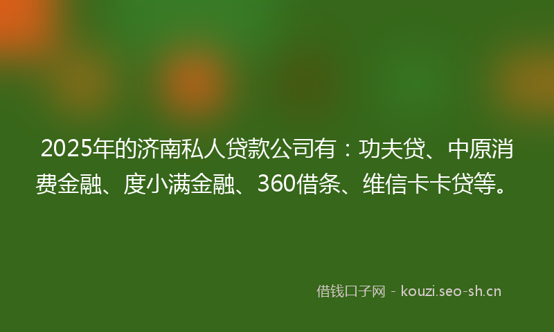 2025年的济南私人贷款公司有：功夫贷、中原消费金融、度小满金融、360借条、维信卡卡贷等。