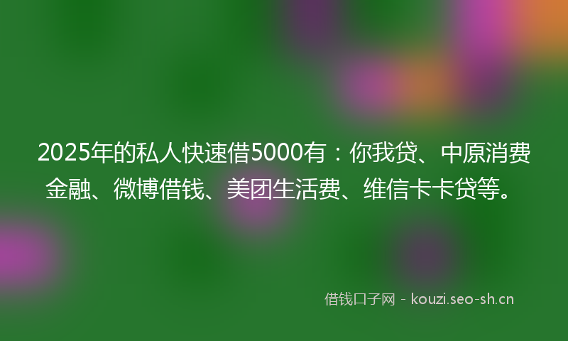 2025年的私人快速借5000有：你我贷、中原消费金融、微博借钱、美团生活费、维信卡卡贷等。