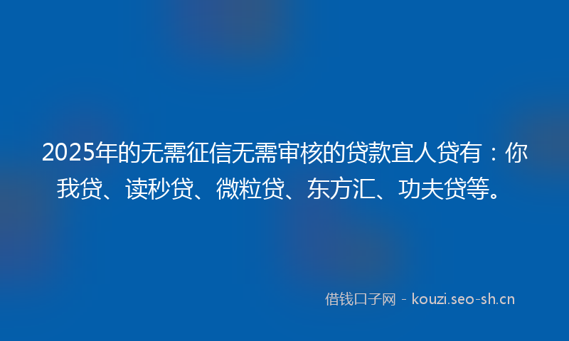 2025年的无需征信无需审核的贷款宜人贷有：你我贷、读秒贷、微粒贷、东方汇、功夫贷等。