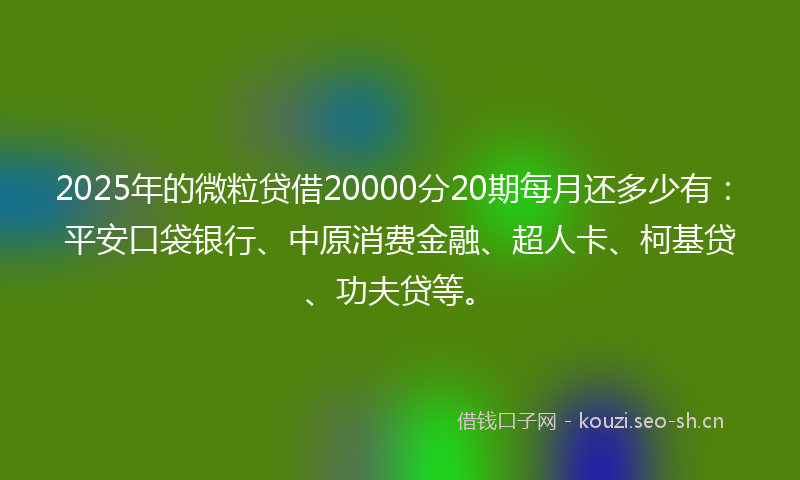 2025年的微粒贷借20000分20期每月还多少有：平安口袋银行、中原消费金融、超人卡、柯基贷、功夫贷等。