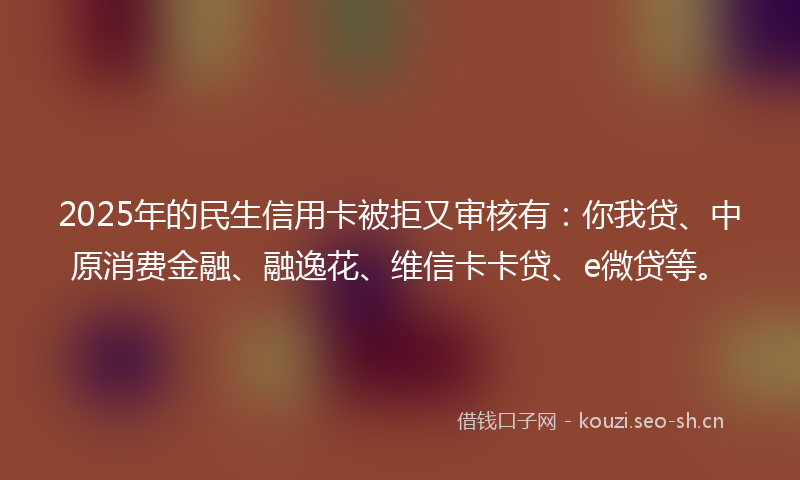 2025年的民生信用卡被拒又审核有：你我贷、中原消费金融、融逸花、维信卡卡贷、e微贷等。