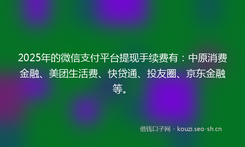 2025年的微信支付平台提现手续费有：中原消费金融、美团生活费、快贷通、投友圈、京东金融等。