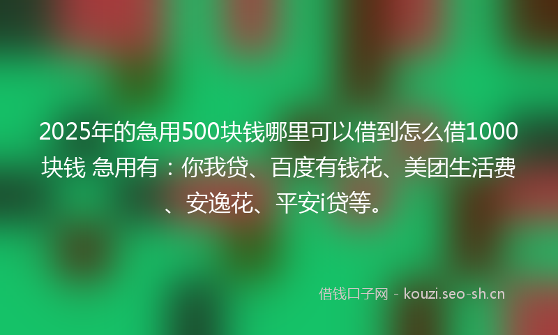 2025年的急用500块钱哪里可以借到怎么借1000块钱 急用有：你我贷、百度有钱花、美团生活费、安逸花、平安i贷等。