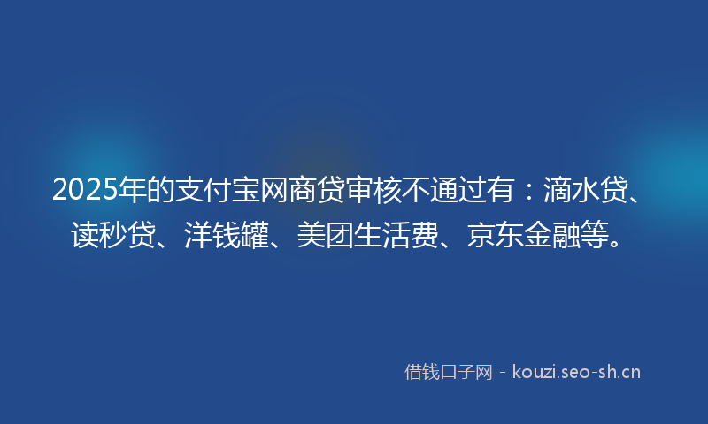 2025年的支付宝网商贷审核不通过有：滴水贷、读秒贷、洋钱罐、美团生活费、京东金融等。