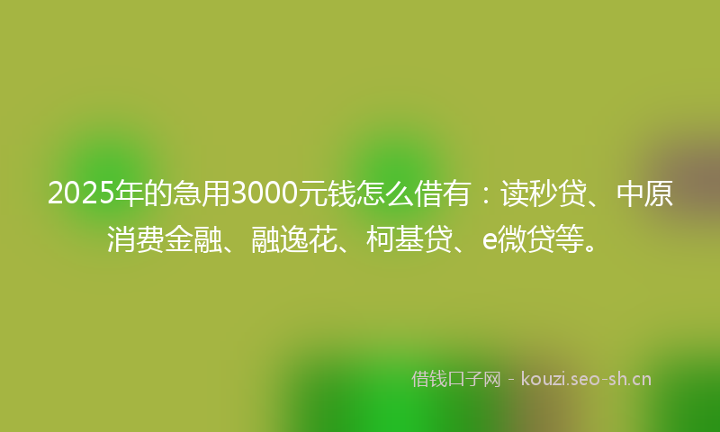 2025年的急用3000元钱怎么借有：读秒贷、中原消费金融、融逸花、柯基贷、e微贷等。