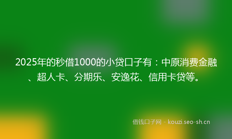 2025年的秒借1000的小贷口子有:中原消费金融、超人卡、分期乐、安逸花、信用卡贷等。