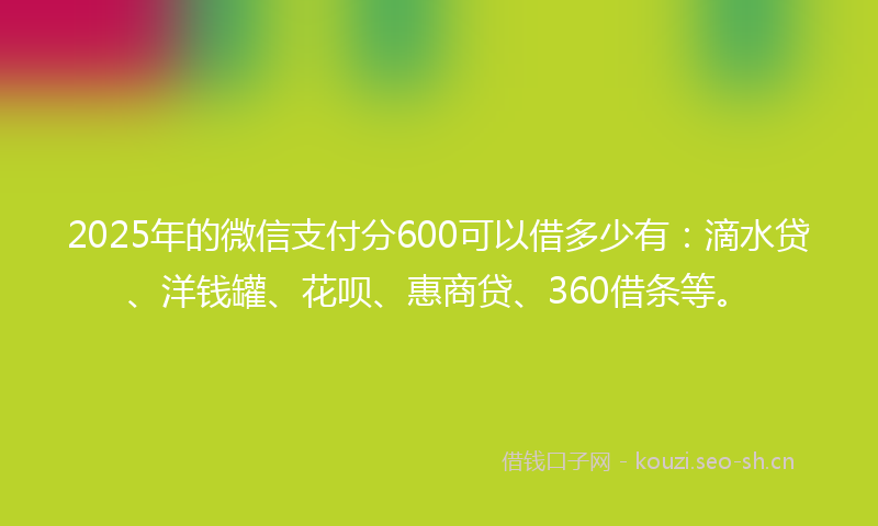 2025年的微信支付分600可以借多少有：滴水贷、洋钱罐、花呗、惠商贷、360借条等。
