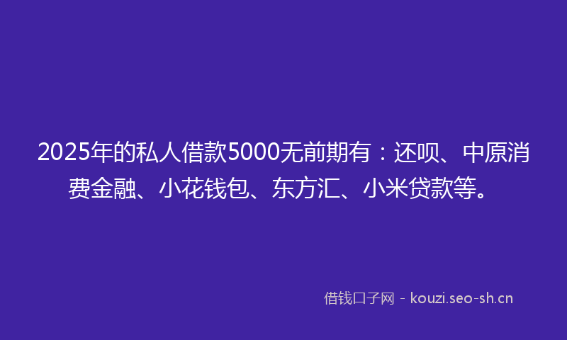 2025年的私人借款5000无前期有：还呗、中原消费金融、小花钱包、东方汇、小米贷款等。