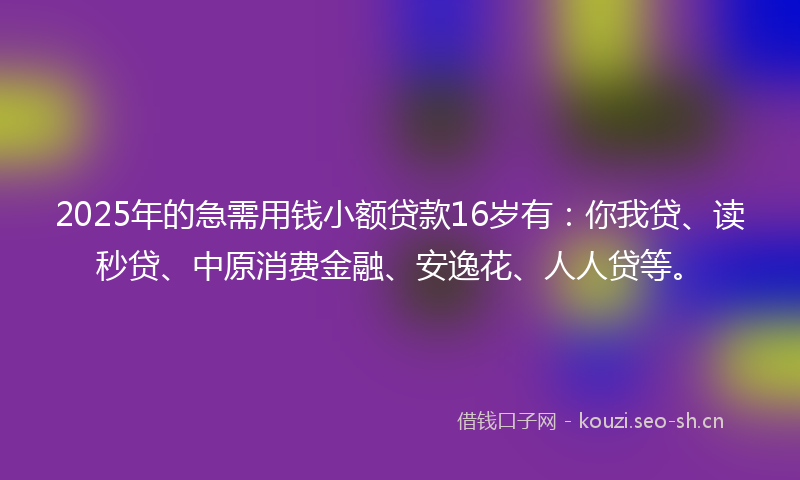 2025年的急需用钱小额贷款16岁有：你我贷、读秒贷、中原消费金融、安逸花、人人贷等。