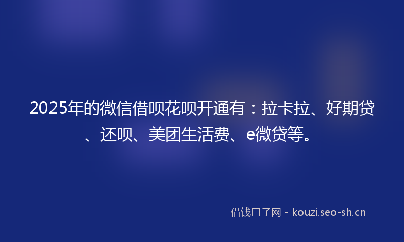 2025年的微信借呗花呗开通有：拉卡拉、好期贷、还呗、美团生活费、e微贷等。