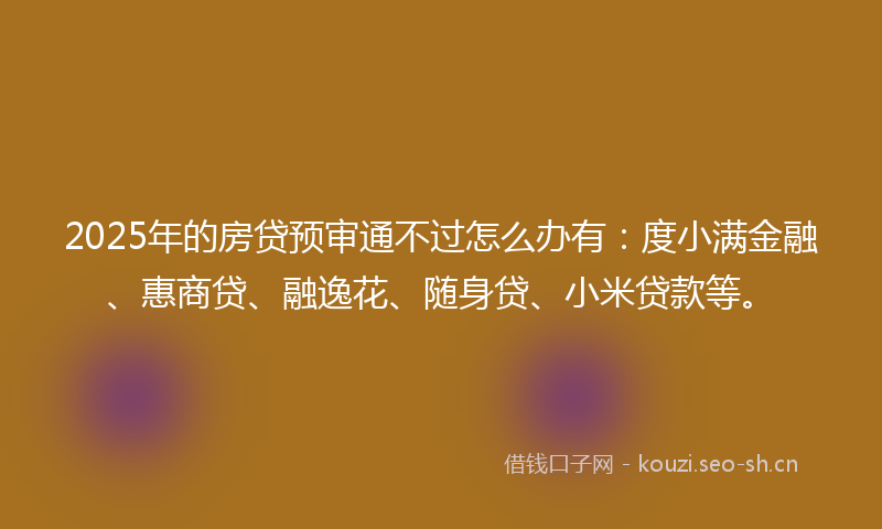 2025年的房贷预审通不过怎么办有：度小满金融、惠商贷、融逸花、随身贷、小米贷款等。