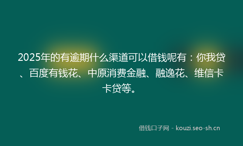 2025年的有逾期什么渠道可以借钱呢有:你我贷、百度有钱花、中原消费金融、融逸花、维信卡卡贷等。