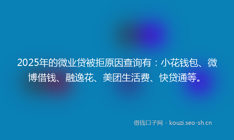 2025年的微业贷被拒原因查询有：小花钱包、微博借钱、融逸花、美团生活费、快贷通等。