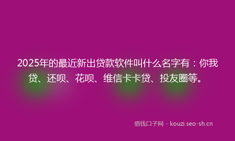 2025年的最近新出贷款软件叫什么名字有：你我贷、还呗、花呗、维信卡卡贷、投友圈等。
