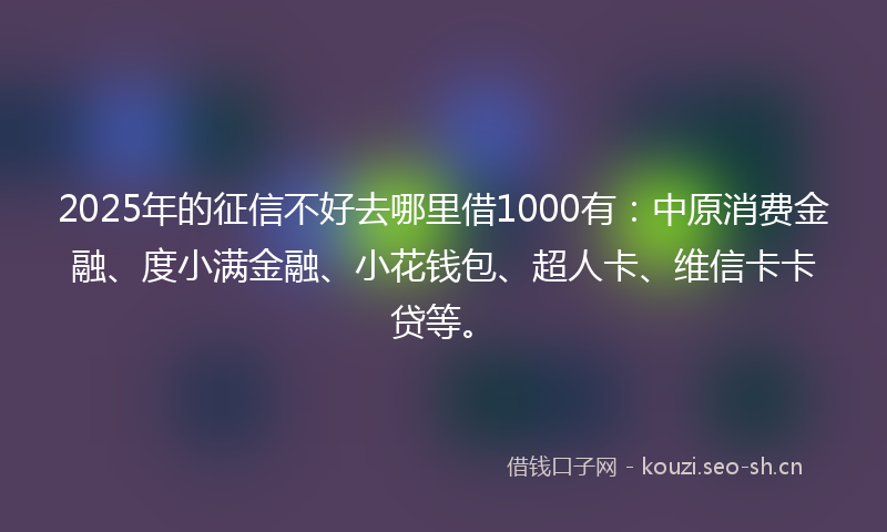 2025年的征信不好去哪里借1000有：中原消费金融、度小满金融、小花钱包、超人卡、维信卡卡贷等。