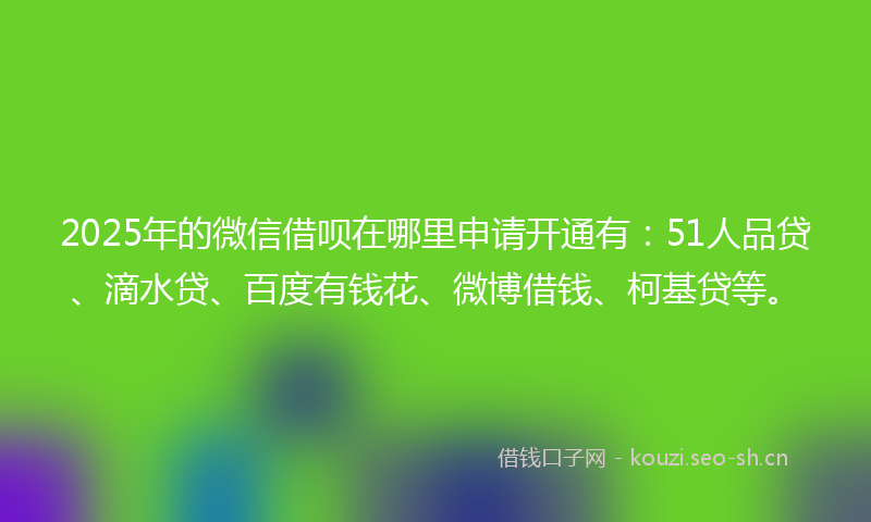 2025年的微信借呗在哪里申请开通有：51人品贷、滴水贷、百度有钱花、微博借钱、柯基贷等。