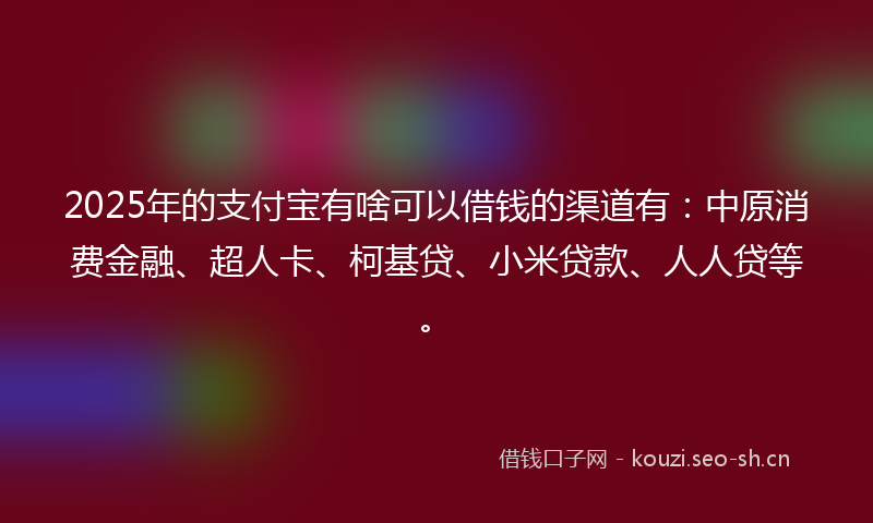 2025年的支付宝有啥可以借钱的渠道有：中原消费金融、超人卡、柯基贷、小米贷款、人人贷等。