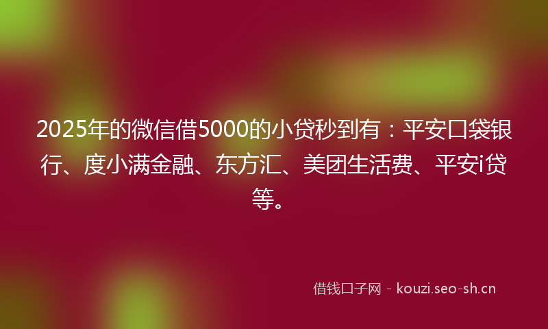 2025年的微信借5000的小贷秒到有：平安口袋银行、度小满金融、东方汇、美团生活费、平安i贷等。