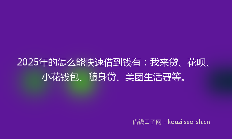 2025年的怎么能快速借到钱有：我来贷、花呗、小花钱包、随身贷、美团生活费等。