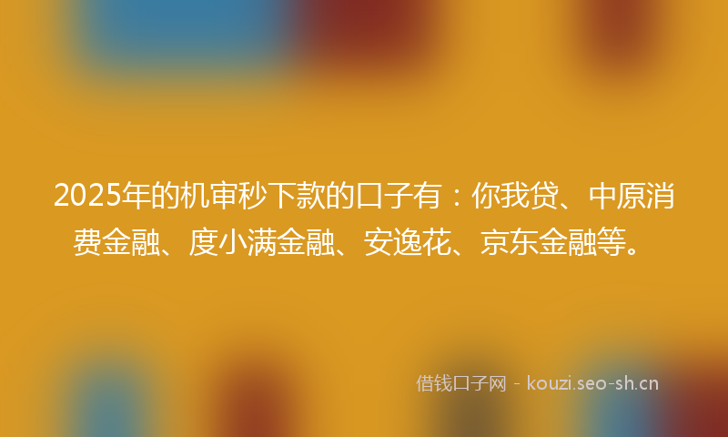2025年的机审秒下款的口子有：你我贷、中原消费金融、度小满金融、安逸花、京东金融等。