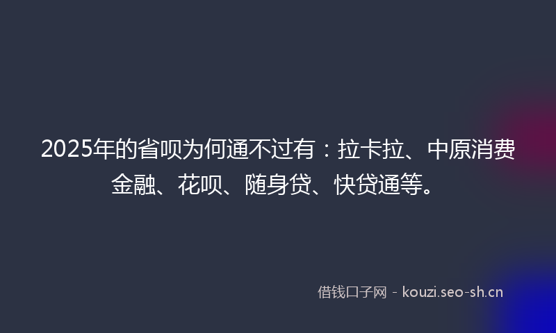 2025年的省呗为何通不过有：拉卡拉、中原消费金融、花呗、随身贷、快贷通等。