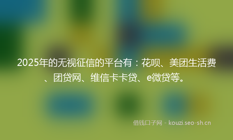 2025年的无视征信的平台有：花呗、美团生活费、团贷网、维信卡卡贷、e微贷等。