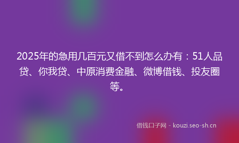 2025年的急用几百元又借不到怎么办有：51人品贷、你我贷、中原消费金融、微博借钱、投友圈等。