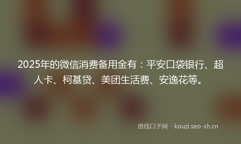 2025年的微信消费备用金有：平安口袋银行、超人卡、柯基贷、美团生活费、安逸花等。