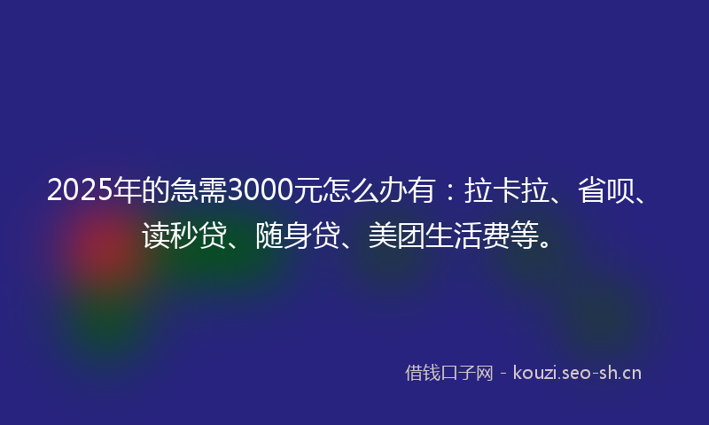 2025年的急需3000元怎么办有：拉卡拉、省呗、读秒贷、随身贷、美团生活费等。