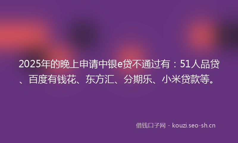 2025年的晚上申请中银e贷不通过有：51人品贷、百度有钱花、东方汇、分期乐、小米贷款等。