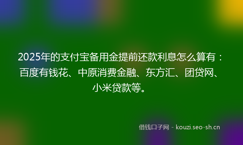 2025年的支付宝备用金提前还款利息怎么算有：百度有钱花、中原消费金融、东方汇、团贷网、小米贷款等。