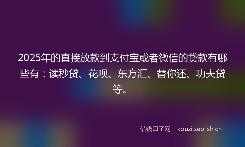 2025年的直接放款到支付宝或者微信的贷款有哪些有：读秒贷、花呗、东方汇、替你还、功夫贷等。