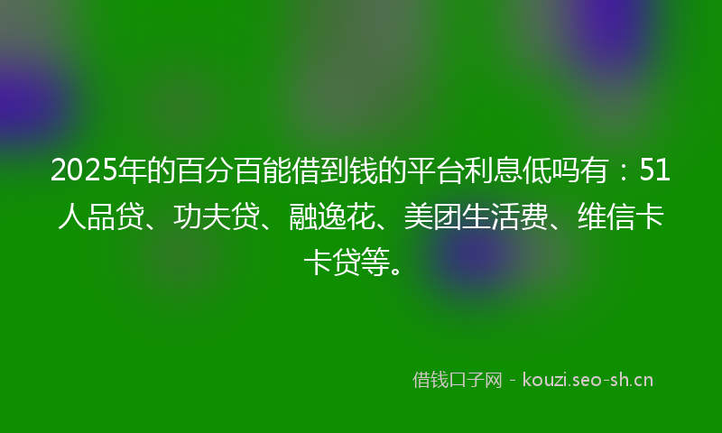 2025年的百分百能借到钱的平台利息低吗有：51人品贷、功夫贷、融逸花、美团生活费、维信卡卡贷等。