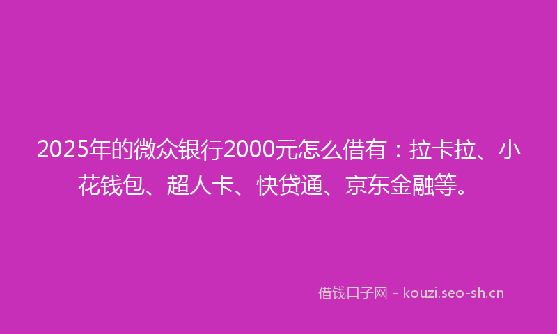 2025年的微众银行2000元怎么借有:拉卡拉、小花钱包、超人卡、快贷通、京东金融等。