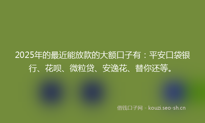 2025年的最近能放款的大额口子有：平安口袋银行、花呗、微粒贷、安逸花、替你还等。