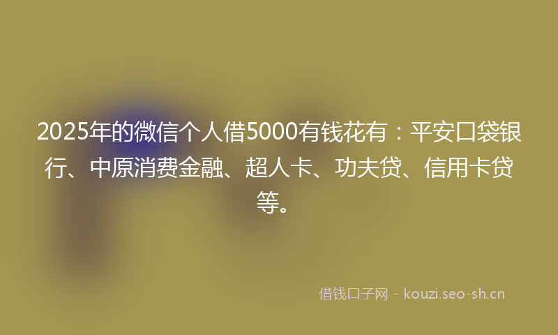 2025年的微信个人借5000有钱花有：平安口袋银行、中原消费金融、超人卡、功夫贷、信用卡贷等。