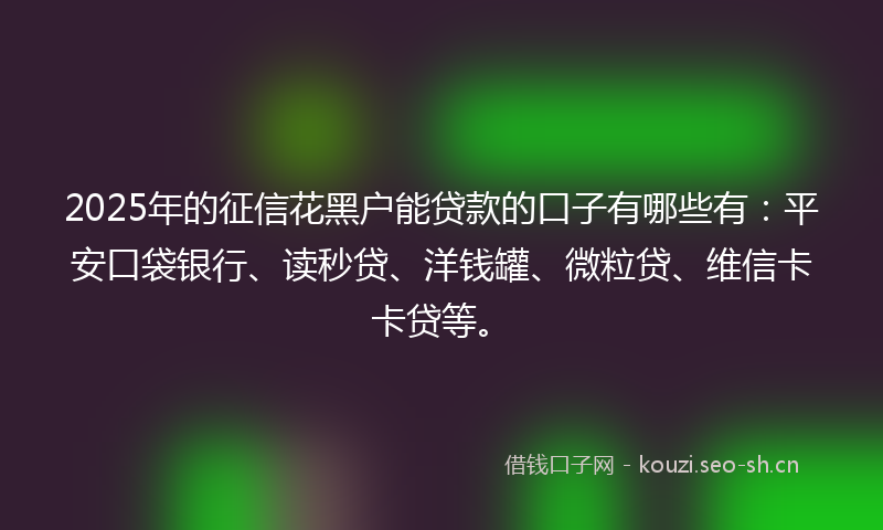 2025年的征信花黑户能贷款的口子有哪些有：平安口袋银行、读秒贷、洋钱罐、微粒贷、维信卡卡贷等。