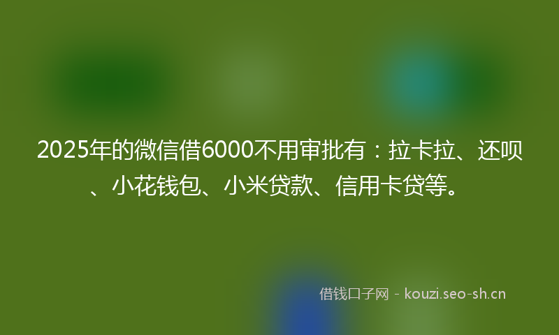 2025年的微信借6000不用审批有：拉卡拉、还呗、小花钱包、小米贷款、信用卡贷等。