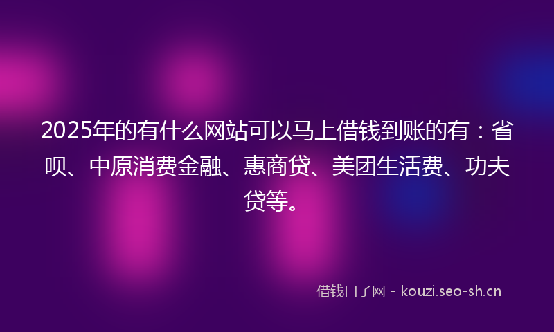 2025年的有什么网站可以马上借钱到账的有：省呗、中原消费金融、惠商贷、美团生活费、功夫贷等。